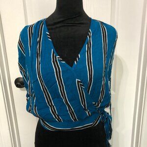 Band of Gypsies Blue Black Striped Wrap Crop Top V-Neck Smocked Back Women M NEW